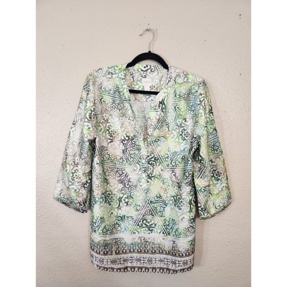 Chico's Tunic Top Green White Geometric Pattern 3/4 Sleeve Blouse Size 1 / M